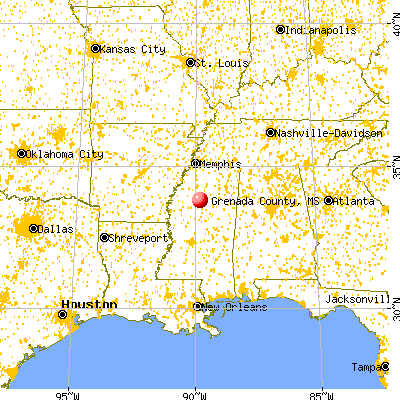 Grenada County, MS map from a distance