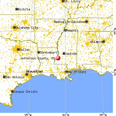 Jefferson County, MS map from a distance