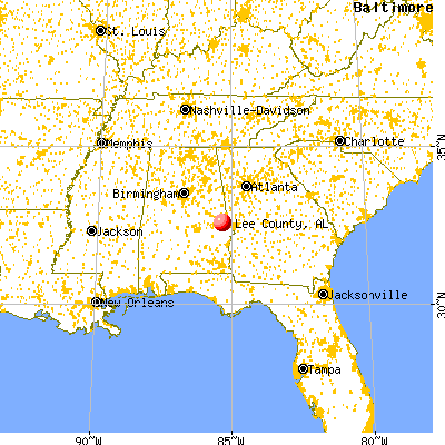 Lee County, AL map from a distance