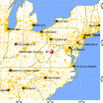 Randolph County, WV map from a distance