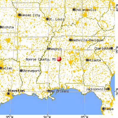 Monroe County, MS map from a distance