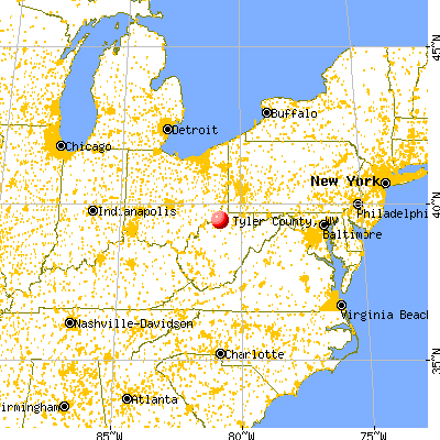 Tyler County, WV map from a distance