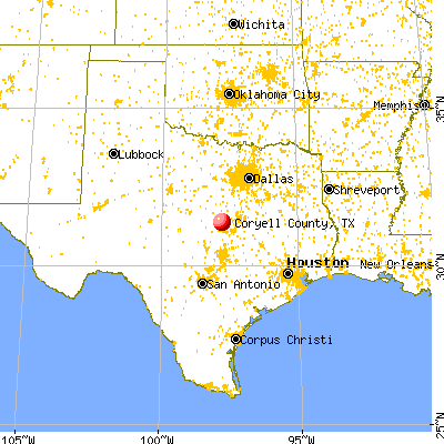 Coryell County, TX map from a distance