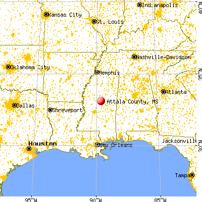 Attala County, MS map from a distance