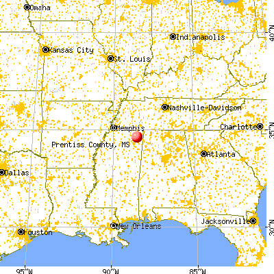 Prentiss County, MS map from a distance