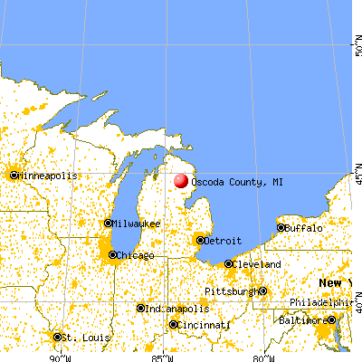 Oscoda County, MI map from a distance