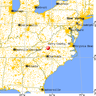 Surry County, NC map from a distance