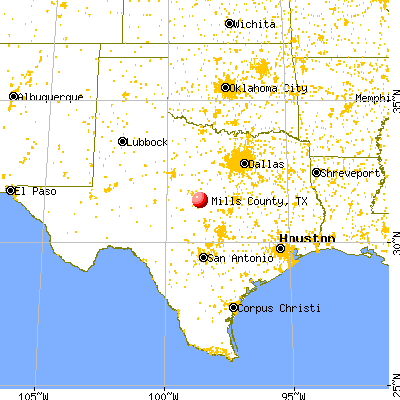 Mills County, TX map from a distance