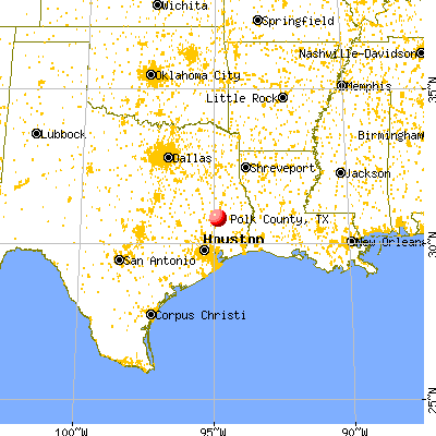 Polk County, TX map from a distance
