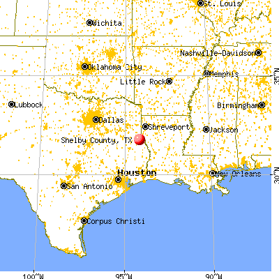 Shelby County, TX map from a distance