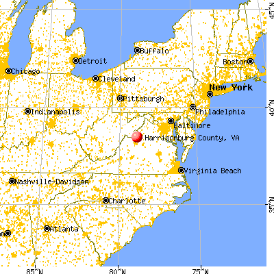 Harrisonburg city, VA map from a distance