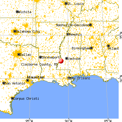 Claiborne County, MS map from a distance