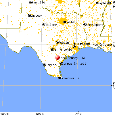Bee County, TX map from a distance