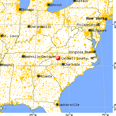 Caldwell County, NC map from a distance