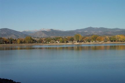 Loveland, CO: Lake Loveland with Rocky Mountains in backkground