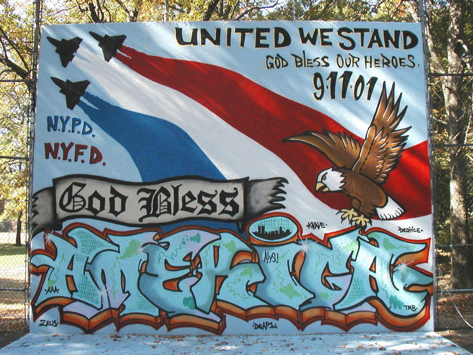 Rocky Point, NY: Handball Court Art in Rocky Pt. after 9/11. User comment: they knocked down this wall a few weeks ago, this no longer stands in rocky point