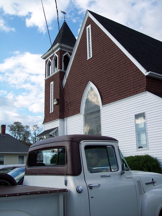 Hiram, ME : Congregating for Church Supper, Congregational Church, Hiram, ME