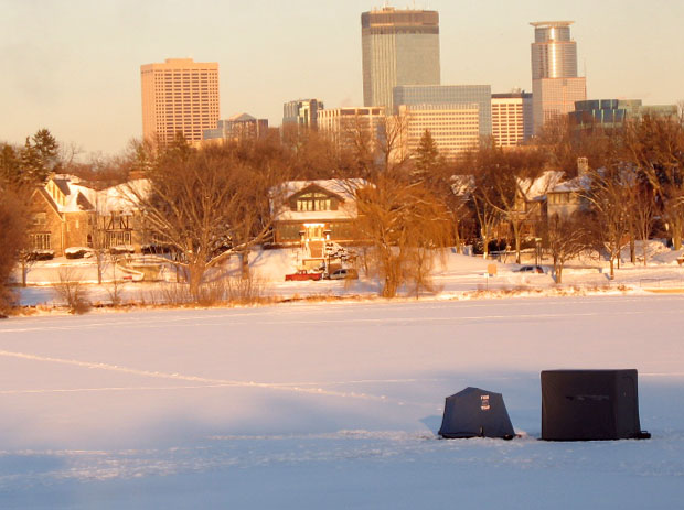 Minneapolis, MN: Fish Houses on Lake Harriet with downtown view