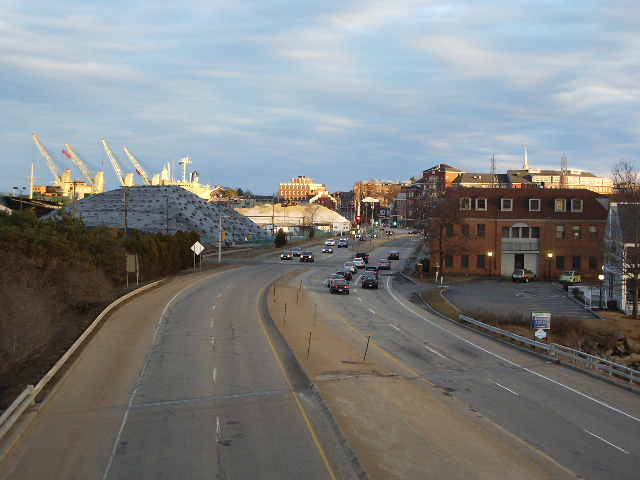 Portsmouth, NH: Atop Rt. 1 Bypass over Market St. looking SE toward Downtown