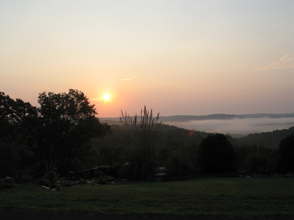 Forsyth, MO: A view of the Ozarks at sunrise with the mist rising off Bull Shoals Lake