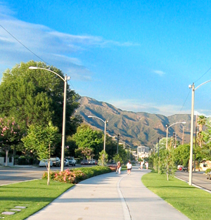 Burbank, CA: View of the Verdugo Mountains from the Chandler Boulevard Bikeway in Burbank, CA