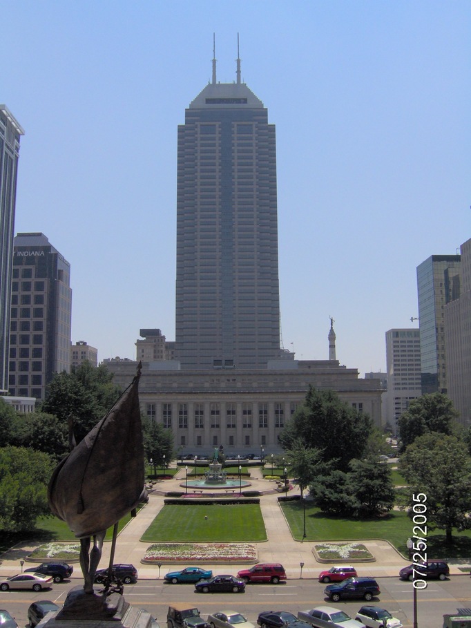 Indianapolis, IN: Bank One building, downtown Indy. Photographed from the north, from the steps of the WWI Memorial