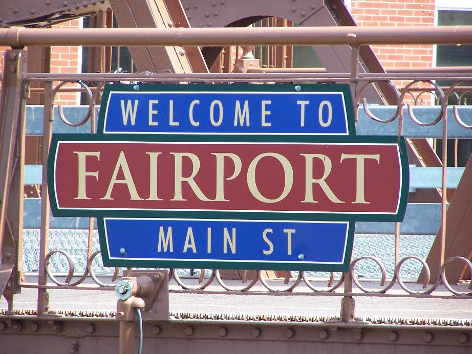 Fairport, NY: The sign on the historic Main Street bridge welcomes you to Fairport.