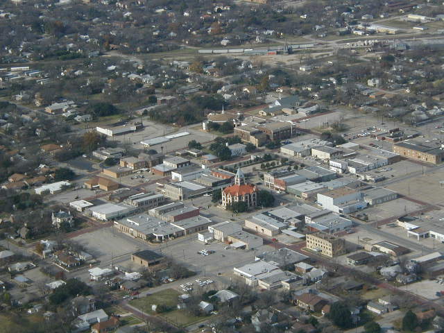 Stephenville, TX: Aerial shot of the square in Stephenville, TX