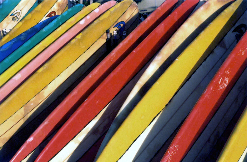 Honolulu, HI : Surf boards on Waikiki beach