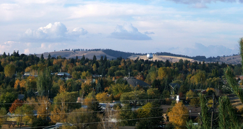 Moscow, ID: Looking over Moscow from the Southeast - Church steeples peeking thru the fall colors and the hills behind.