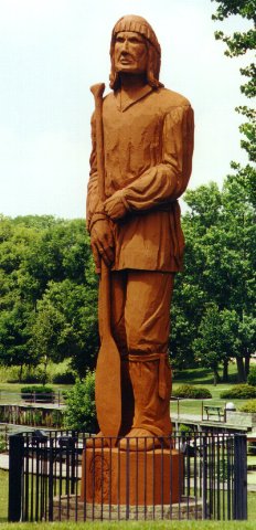 Pine City, MN: The famous Voyageur Statue at Voyageur Park on the Snake River (Downtown Pine City)