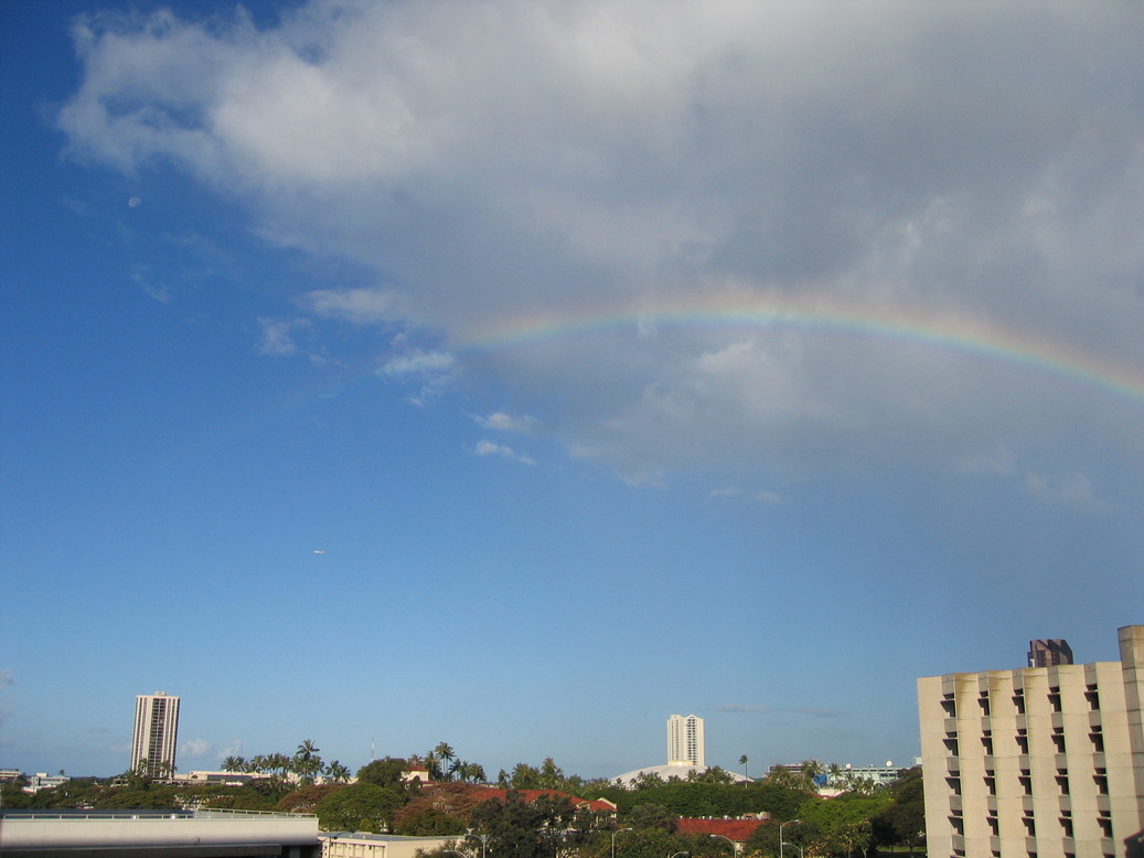 Honolulu, HI : Rainbow, moon, plane shot from my roommate's balcony