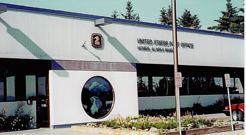 Homer, AK : Homer Alaska Post Office with stained glass window of Bald Eagle