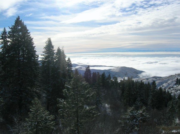 Boise, ID: View of clouds covering the city from the road to Bogus Basin Ski Resort