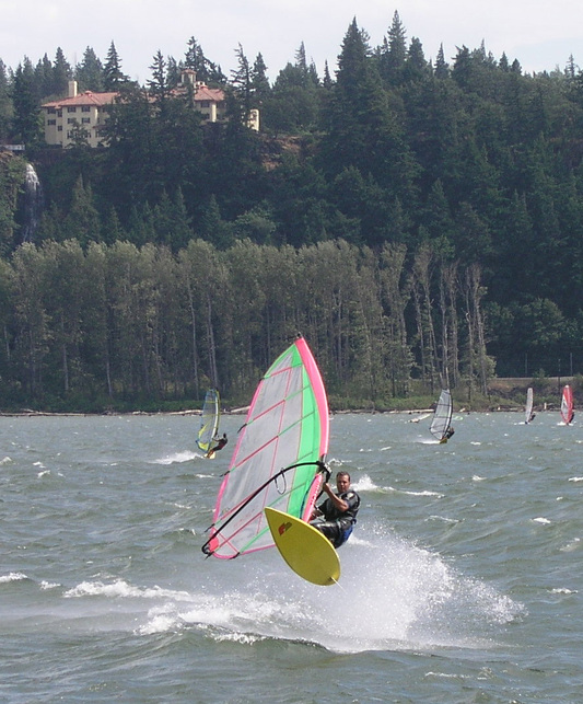White Salmon, WA: Got Air? Windsurfing at the Hatchery, Columbia Gorge Hotel in background!