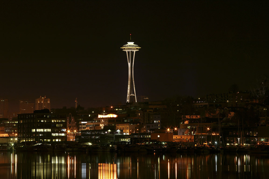 Seattle, WA: Reflection of the Space Needle in lake Union