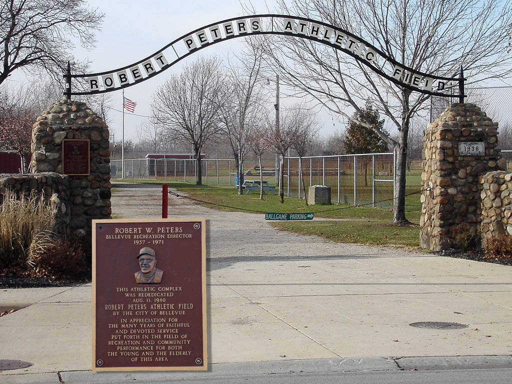 Bellevue, OH: Entrance to Bellevue's main city park, Robert Peters Athletic Field, originally Greenwood Hts. Park.