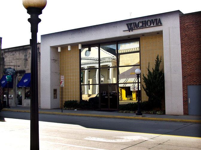 Farmville, VA : Wachovia Bank with Farmville Baptist Church reflected in window, Main Street, Farmville, VA 23901