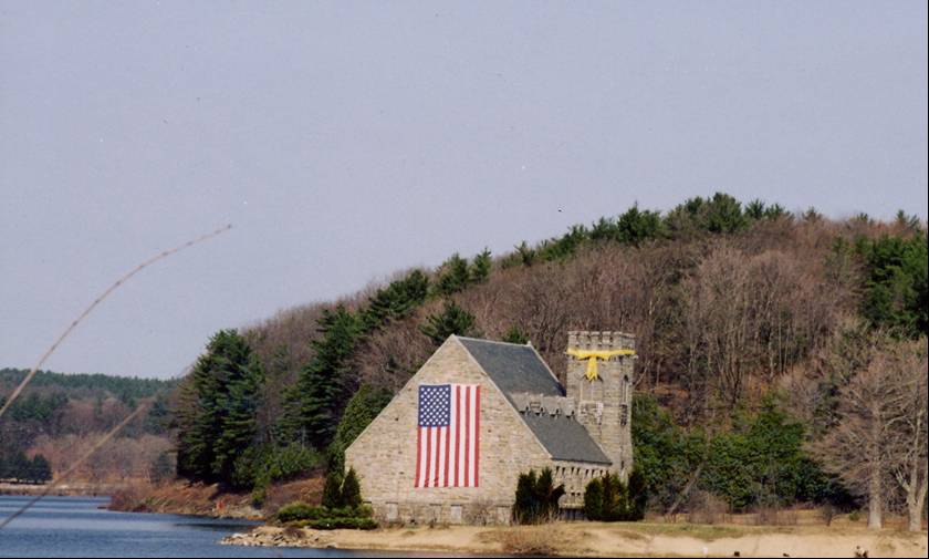 West Boylston, MA: Old Stone Church; on the shoreline of Wachusett Reservoir