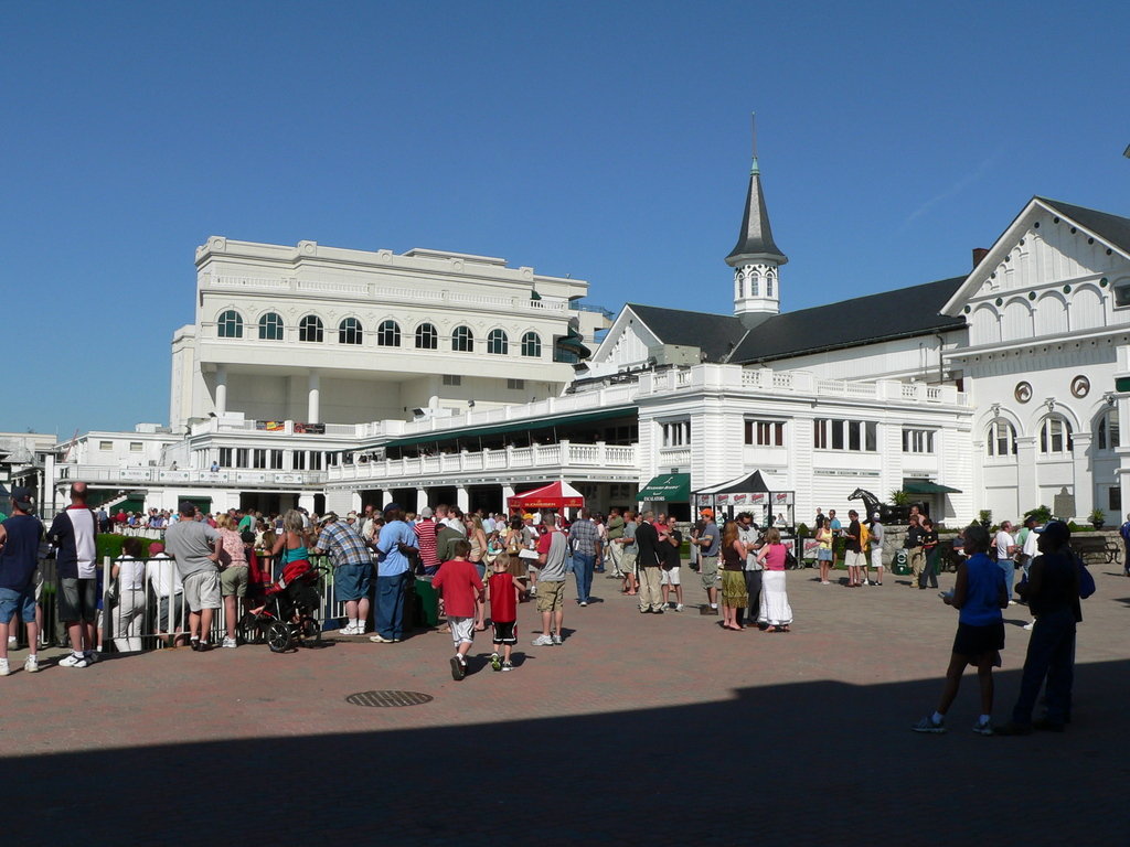 Louisville, KY: The courtyard, with the loading paddock to the left, in the middle of the entrance to Churchill Downs in Lousville.