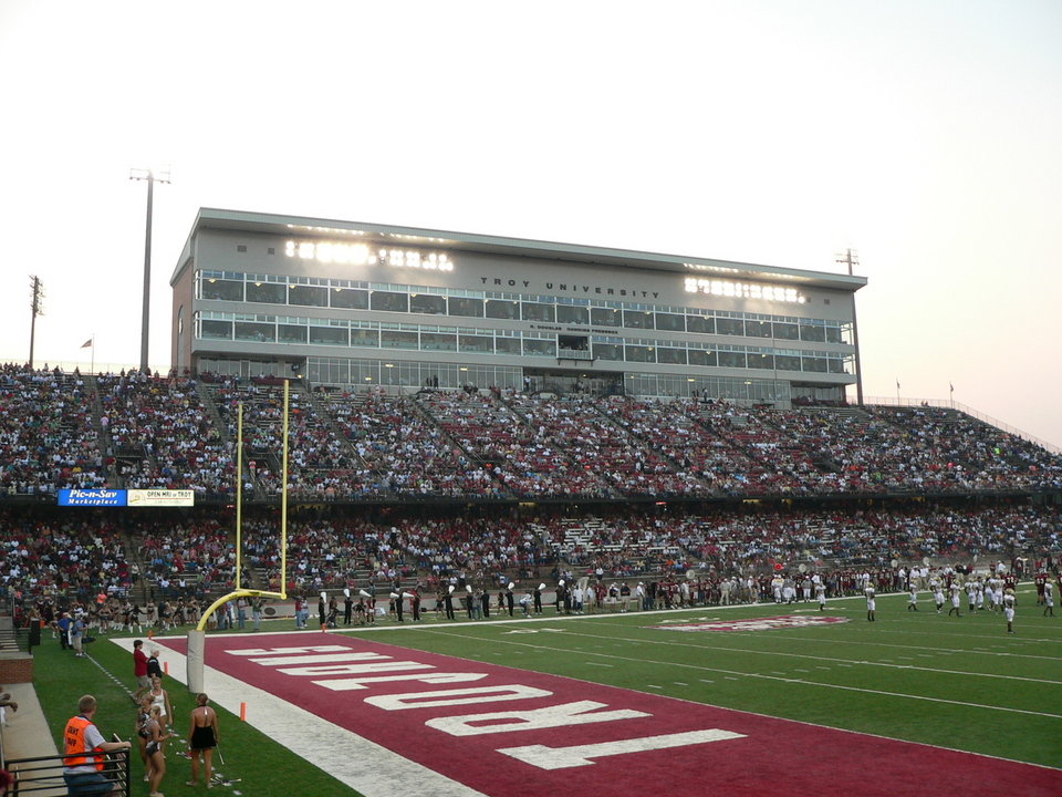 Troy, AL: This is a view of the pressbox of Movie Gallery Stadium in Troy, AL. The stadium is home to the Troy University Trojans football team and the Sound of the South Marching Band.
