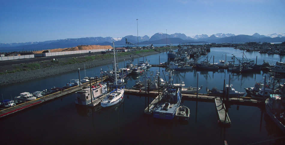 Homer, AK : A view of the Homer Marina from the mast of a sailboat