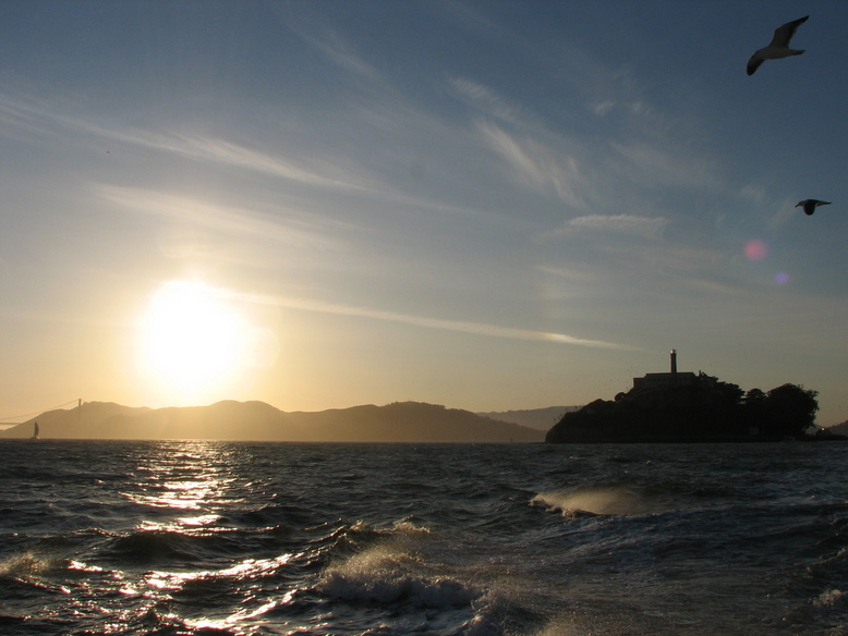San Francisco, CA: Alcatraz at sunset from San Francisco Bay