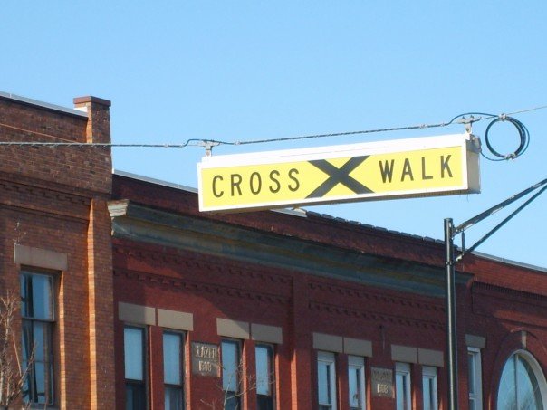 Kalkaska, MI: Cross walk in Kalkaska, it was put in since I was a kid so I thought it was pretty neat to see. You can also see the beautiful brick of our store fronts.