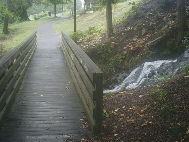 Smithfield, NC: Town Commons Park waterfall and trail near Front Street.