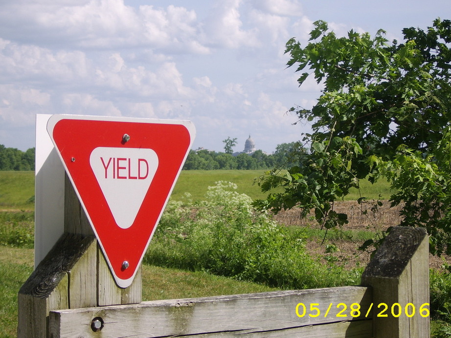 Jefferson City, MO: Yield sign with the state capital building in the background