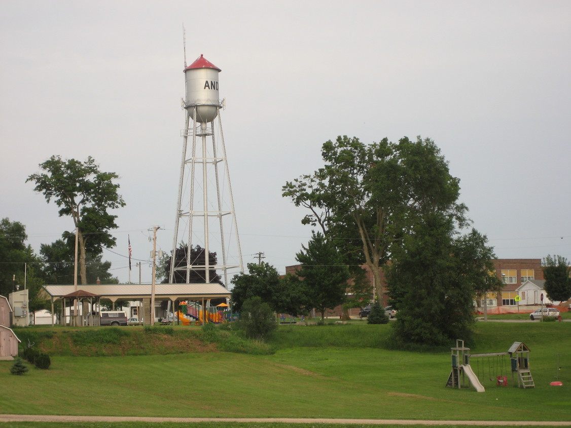 Andrew, IA: This is a picture that I took of Andrew water tower & park with the school in the background on the right. It's such a pretty little town filled with lots of children, friendly people and tree filled streets.