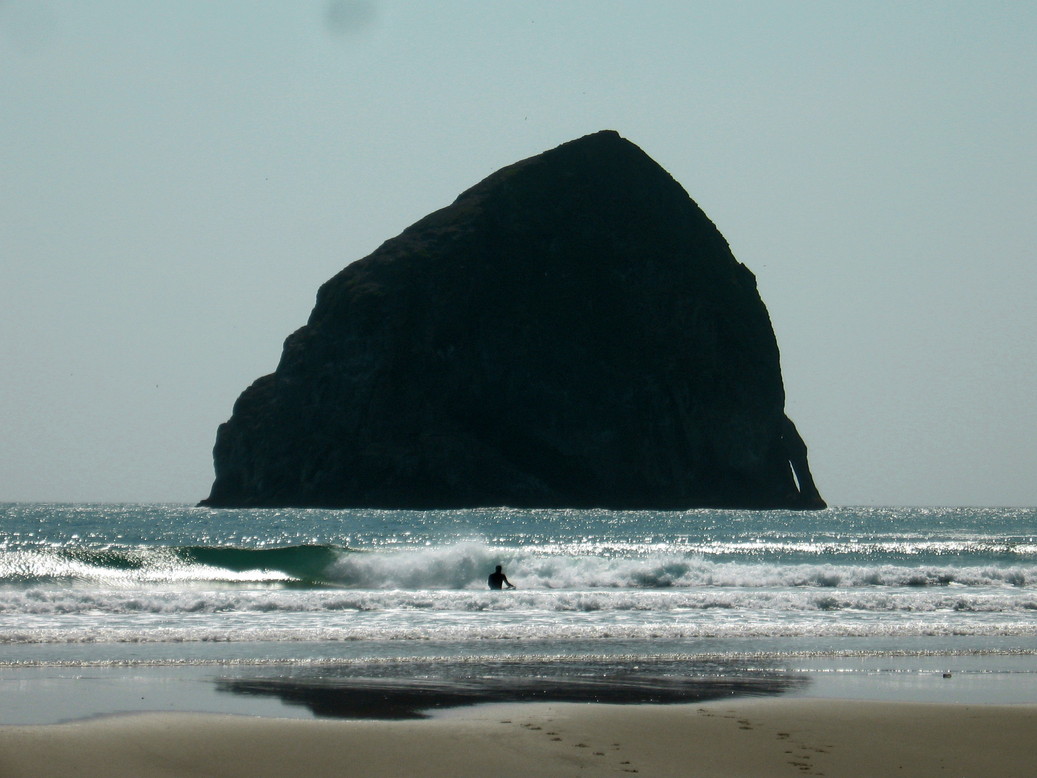 Pacific City, OR : Surfer Infront Of Hay Stack Rock