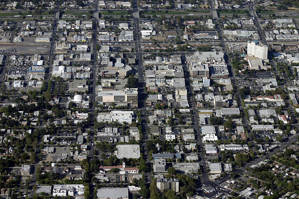 Modesto, CA: An aerial view of downtown Modesto, California looking West