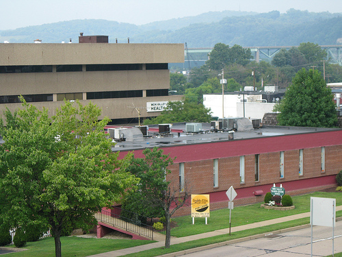 Monessen, PA: a view of the Monessen Health Center and a bridge in the background